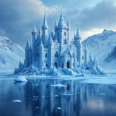 Primary subject: A large, snow-covered castle with a blue lake in front of it.

Setting/background: The castle is situated in a snowy landscape, with a blue lake in front of it.

Visual style: The image is a digital art piece, featuring a detailed and intricate castle design.

Colors and mood: The dominant colors are blue and white, creating a serene and icy atmosphere.